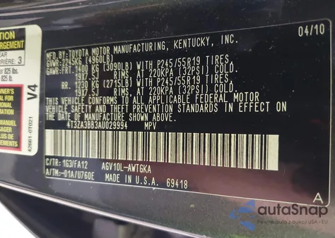 2010 Toyota Venza из США, поврежденный, VIN 4T3ZA3BB3AU029994